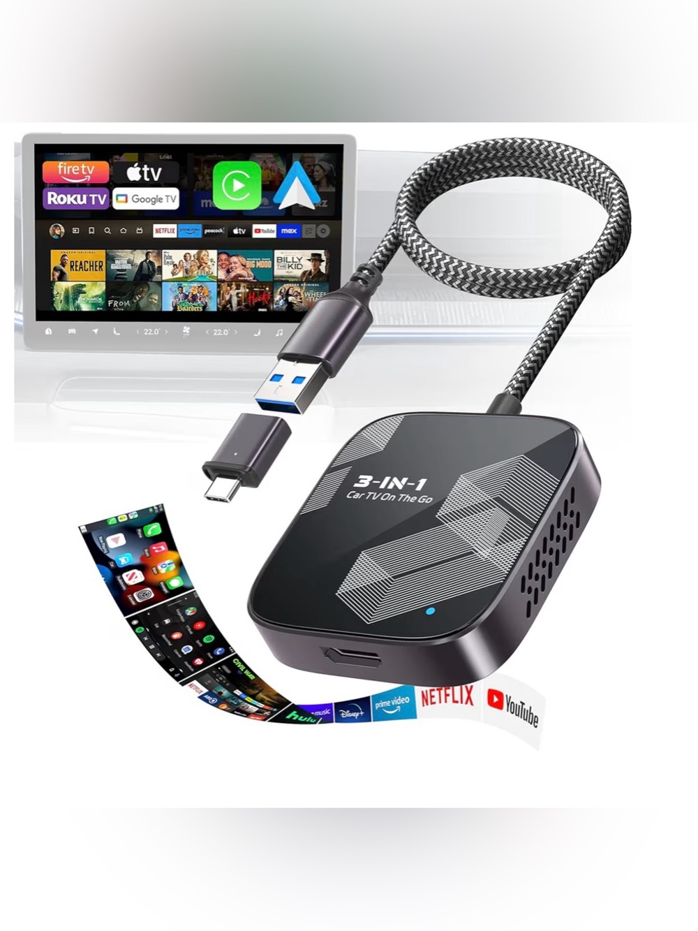 3-in-1 Car TV Adapter - Black - Universal USB/USB-C Streaming TV Tuner